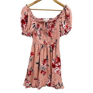BOG Collective Floral Smocked Mini Dress Puff‎ Sleeve Cottagecore XS Pink